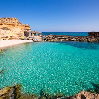 Formentera Es Calo des Mort beach turquoise Mediterranean at Mitjorn of balearic islands